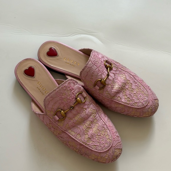 Gucci Pink/Beige Lace and Leather Princetown Flat Mules Size 36.5 - Picture 1 of 4